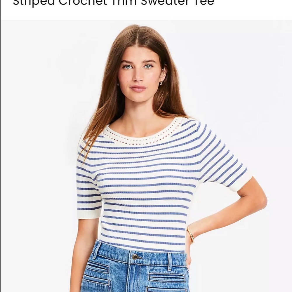 NWT LOFT Knit Striped Blue and White Top with crochet neckline